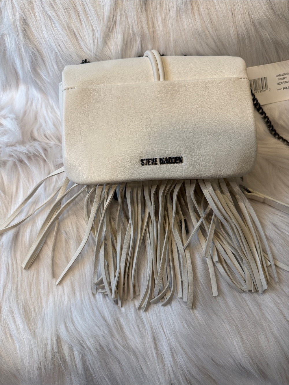 Steve Madden Cream Fringe Crossbody with Chain Strap
